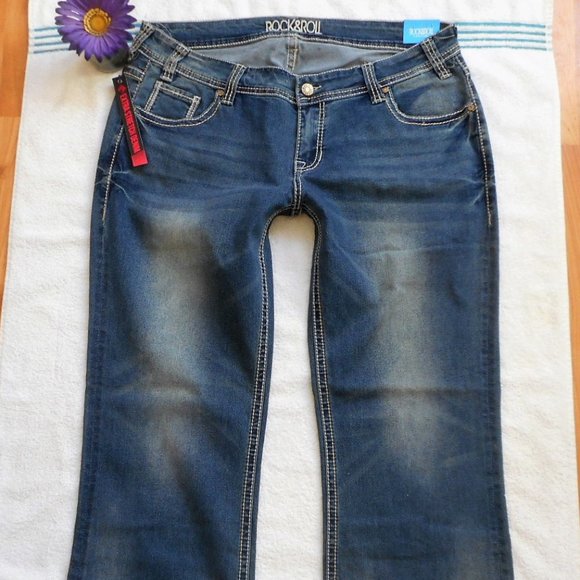 New ROCK & ROLL Cowgirl Jeans 34x32 Low Rise Bootcut Denim - Picture 3 of 10